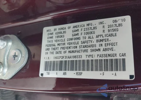 2010 Honda Accord 2.4 Lx from USA, damaged, VIN 1HGCP2F31AA198333